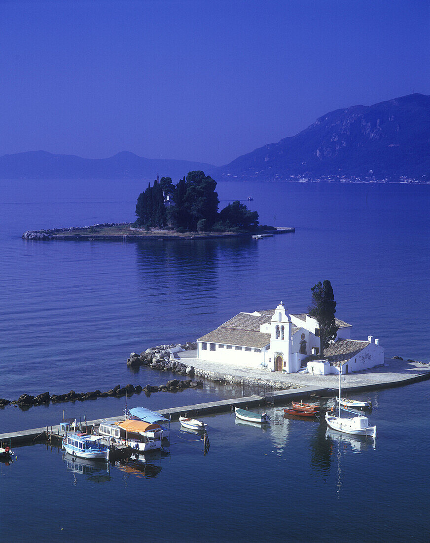 Vlacherna monastery & pondikonissi, Kanoni, Corfu coastline, Greece.