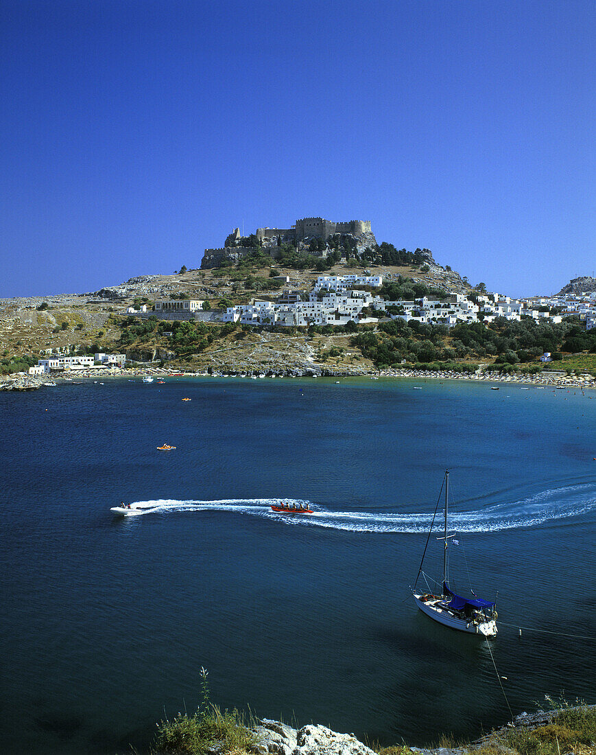 Castle ruins, Lindos, Rhodes coastline, Greece.