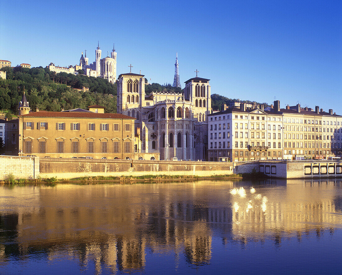 Cathedral saint jean, & basilique fourviere, River soane, Lyon, France.