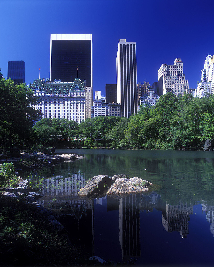 Pond, Central park south skyline, Manhattan, New York, USA.