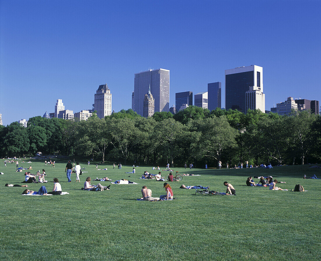 Mid-town skyline & sheep meadow, Central park, Manhattan, New York, USA.