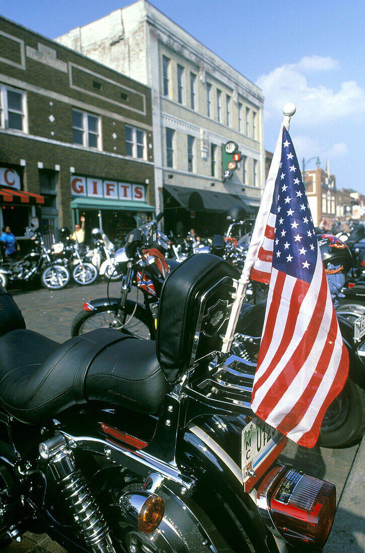 United states flag & harley davidson, Beale Street, Memphis, Tennessee, USA.