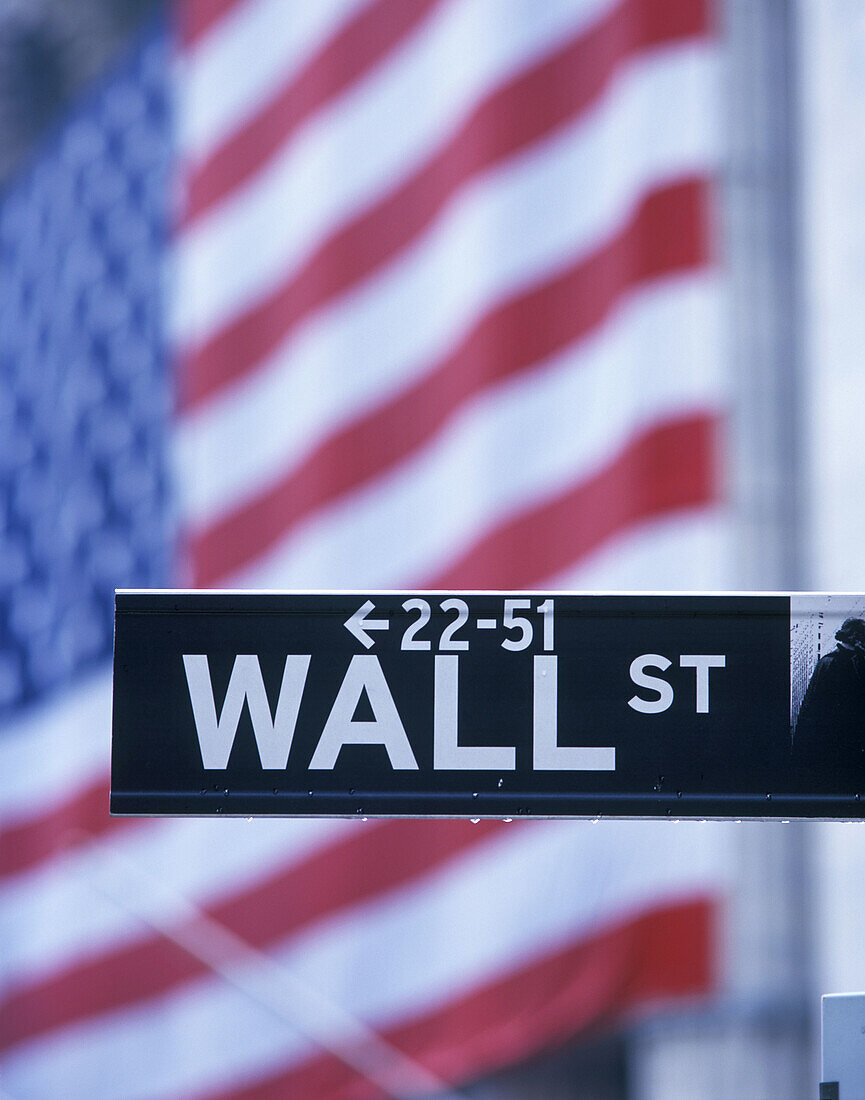Wall Street sign, Stock exchange, Financial district, Manhattan, New York, USA.