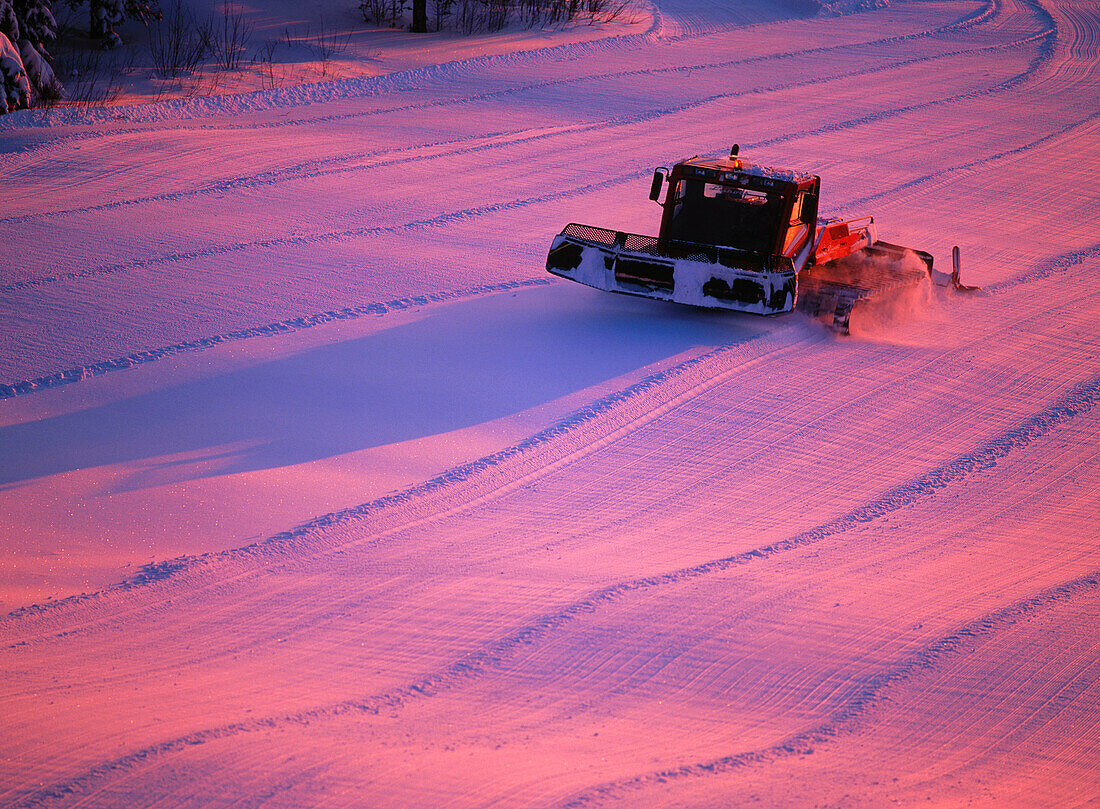 Machine preparing a ski slope. Skelleftea. Vasterbotten. Sweden