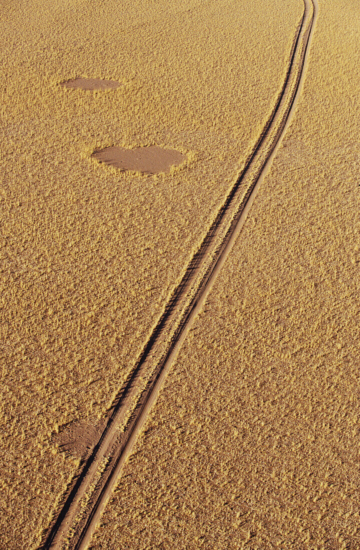 Road on a grassy landscape from air. Namib Naukluft National Park. Namibia