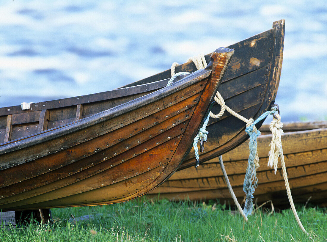 Wooden boats and Torne river. Kukkola, Norrbotten, Sweden