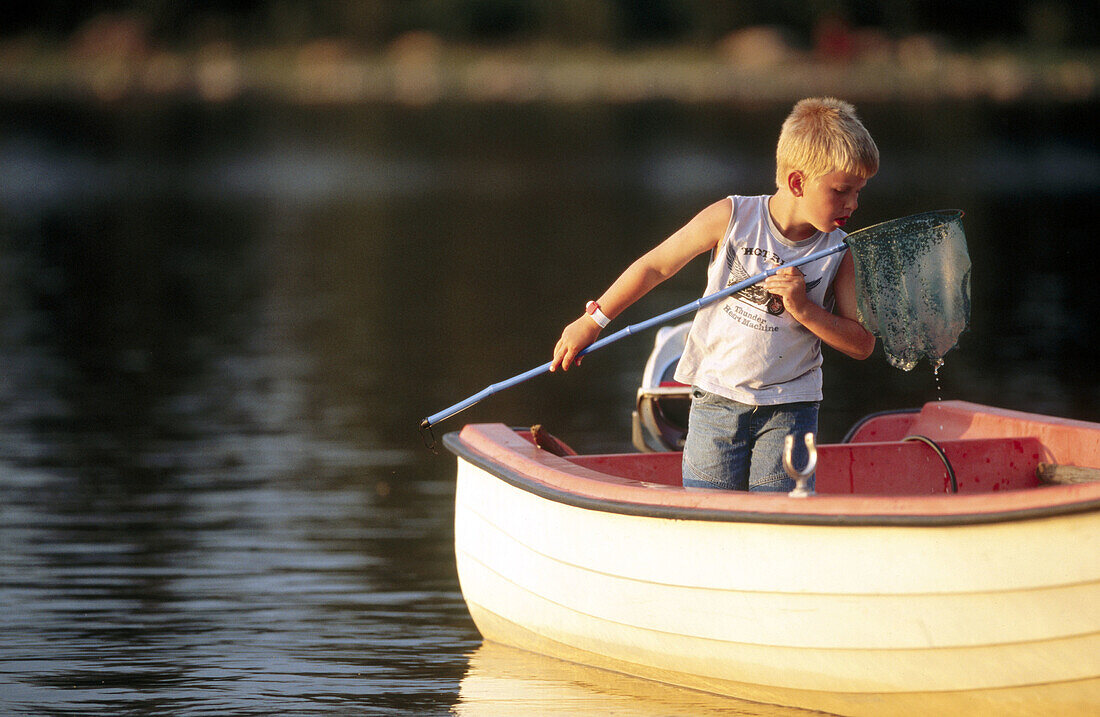 A boy, siw years old, catches small fish from a boat with a landing net. Batvik. Vasterbotten. Sweden.