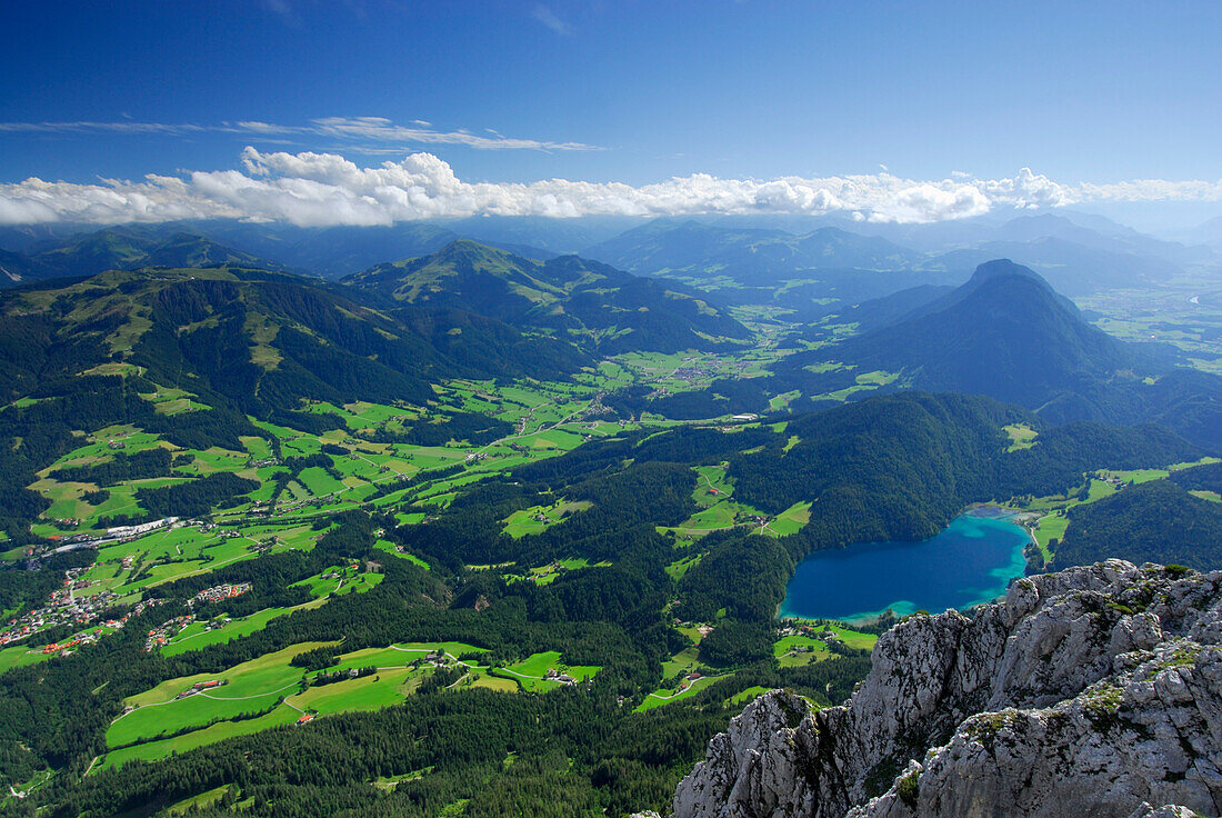 Panoramic view from mount Scheffauer over lake Hintersteiner and mount Poelven, Kaiser range, Tyrol, Austria