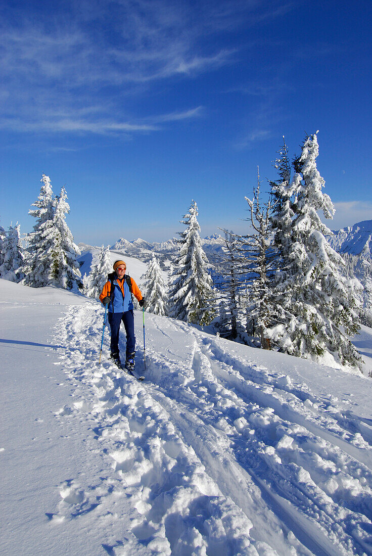 Backcountry skier ascending Spieser, Allgaeu Alps, Bavaria, Germany