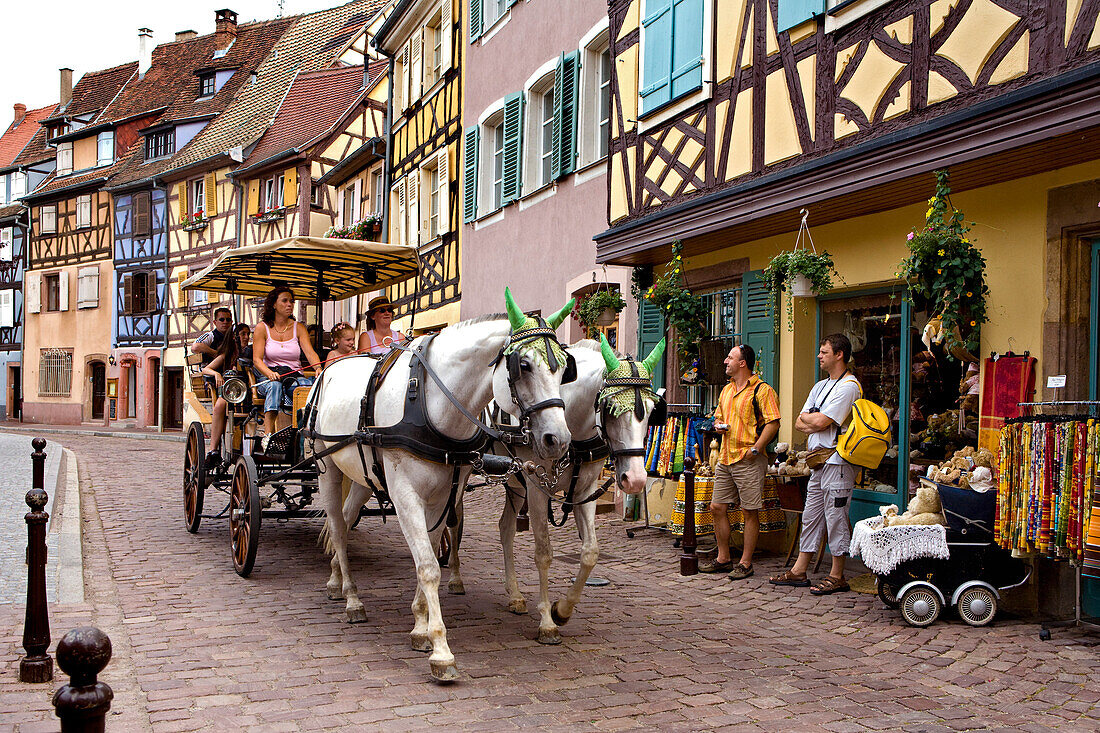Horse drawn carriage in Little Venice, Petite Venise, Colmar, Alsace, France