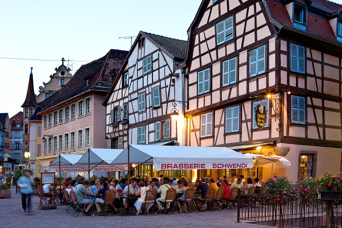 Cafe in the old town of Colmar in the evening light, Alsace, France