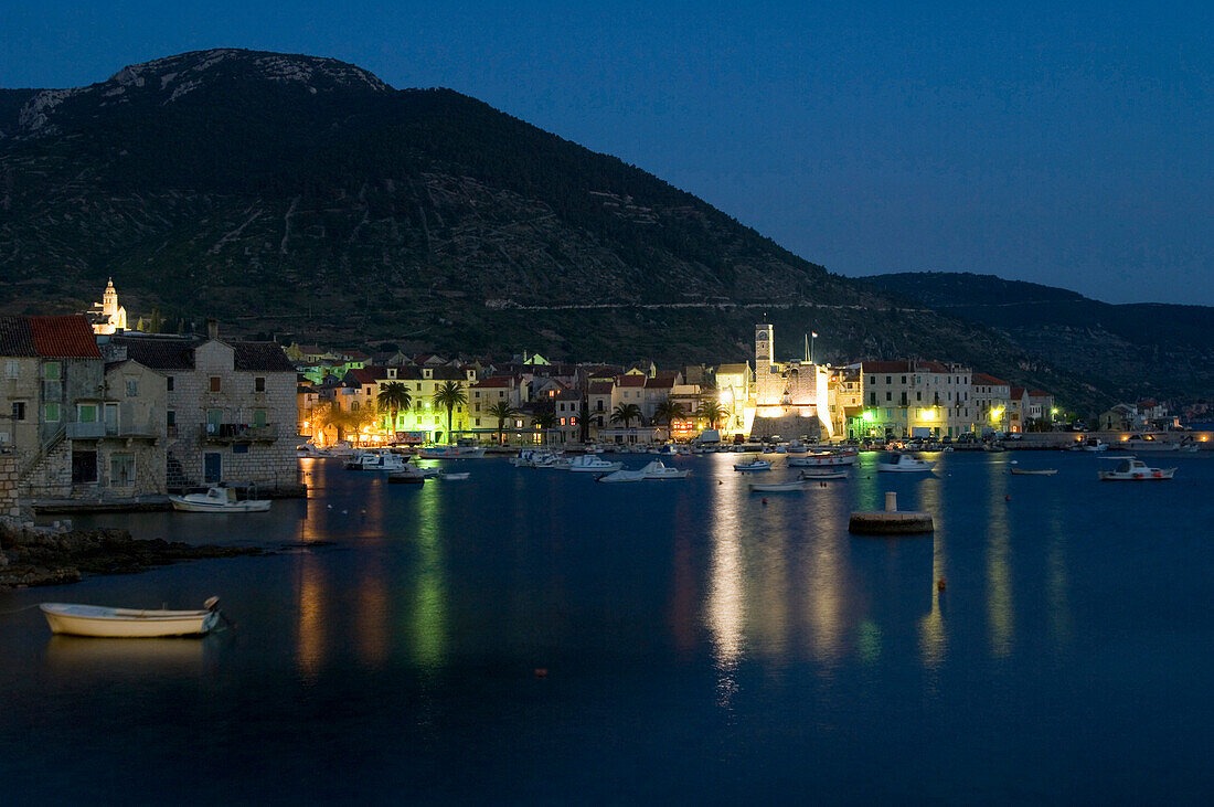 Komiza harbour at night, sailing trip, Vis Island, Croatia