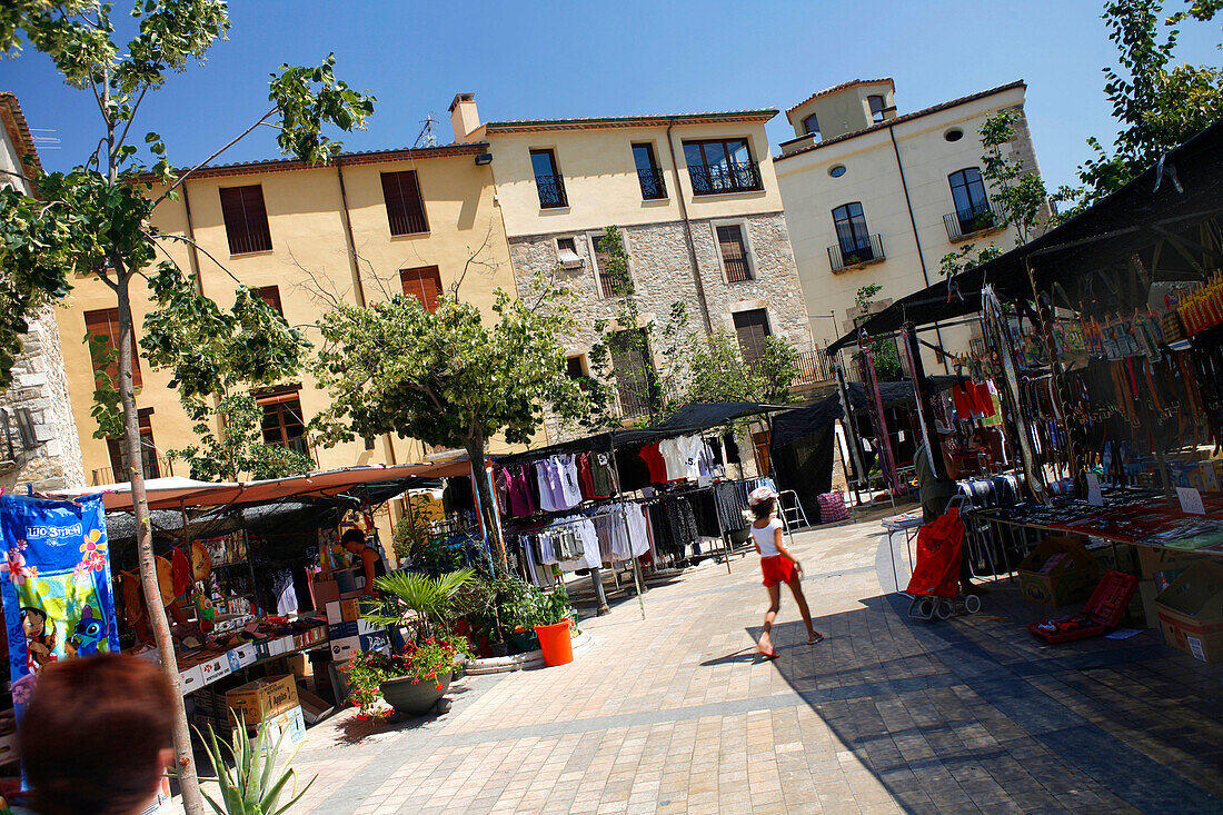 Market stand, 12th Century town of Besalú, Catalonia, Spain