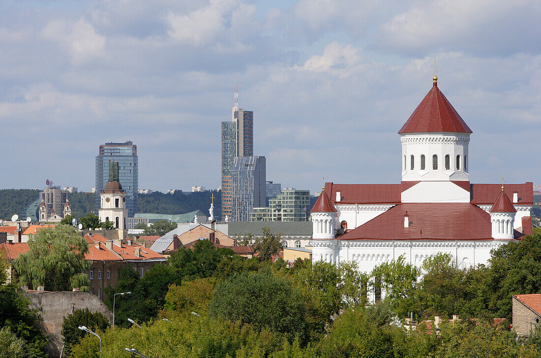 Orthodox church of the Holy Mother of God and the new business center of Vilnius in the back, Lithuania, Vilnius