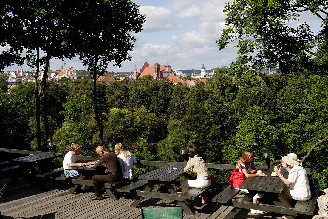 The Torres restaurant in Uzupis street offers a view over the old town of Vilnius, Lithuania, Vilnius