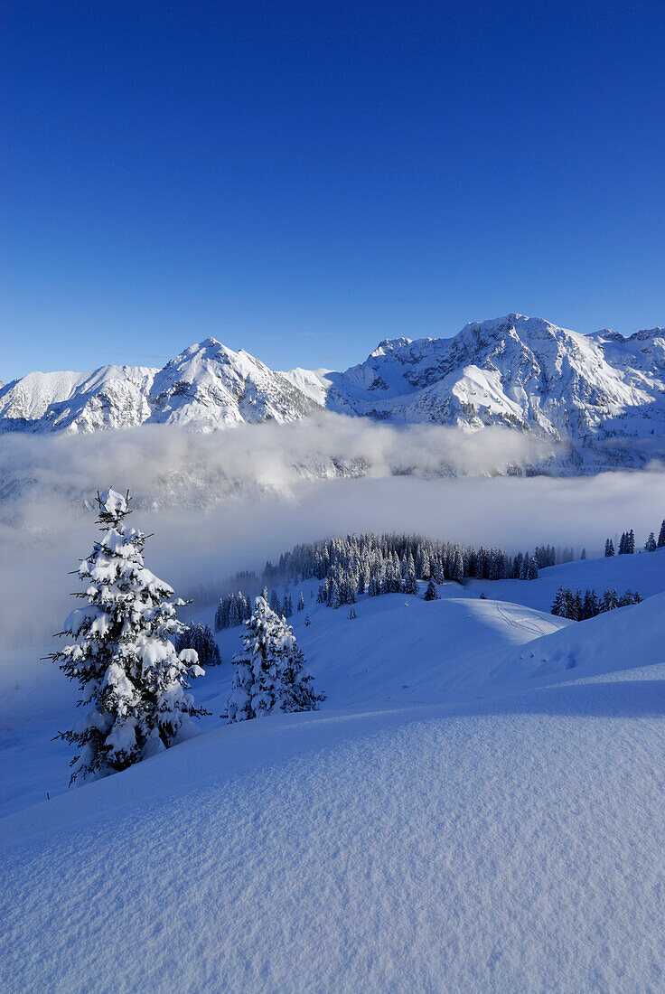 Snow covered mountain scenery, mount Sonnenkopf, Allgaeu Alps, Bavaria, Germany
