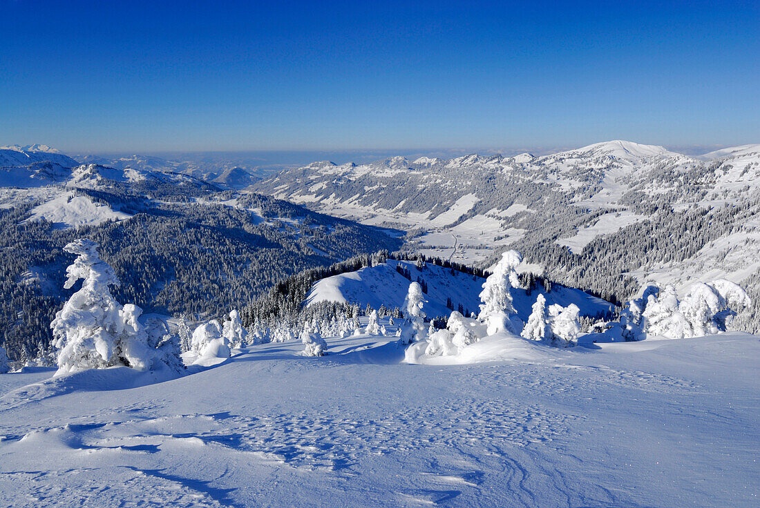Snow-covered mountain scene, Riedberger Horn, ski resort Grasgehrenlifte, Obermaiselstein, Oberstdorf, Allgaeu range, Allgaeu, Swabia, Bavaria, Germany