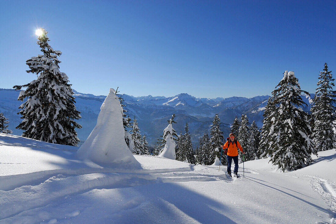 Backcountry skier in snow-covered mountain scene moving up, Feuerstaetter Kopf, valley of Balderschwang,Balderschwang, Allgaeu range, Allgaeu, Swabia, Bavaria, Germany