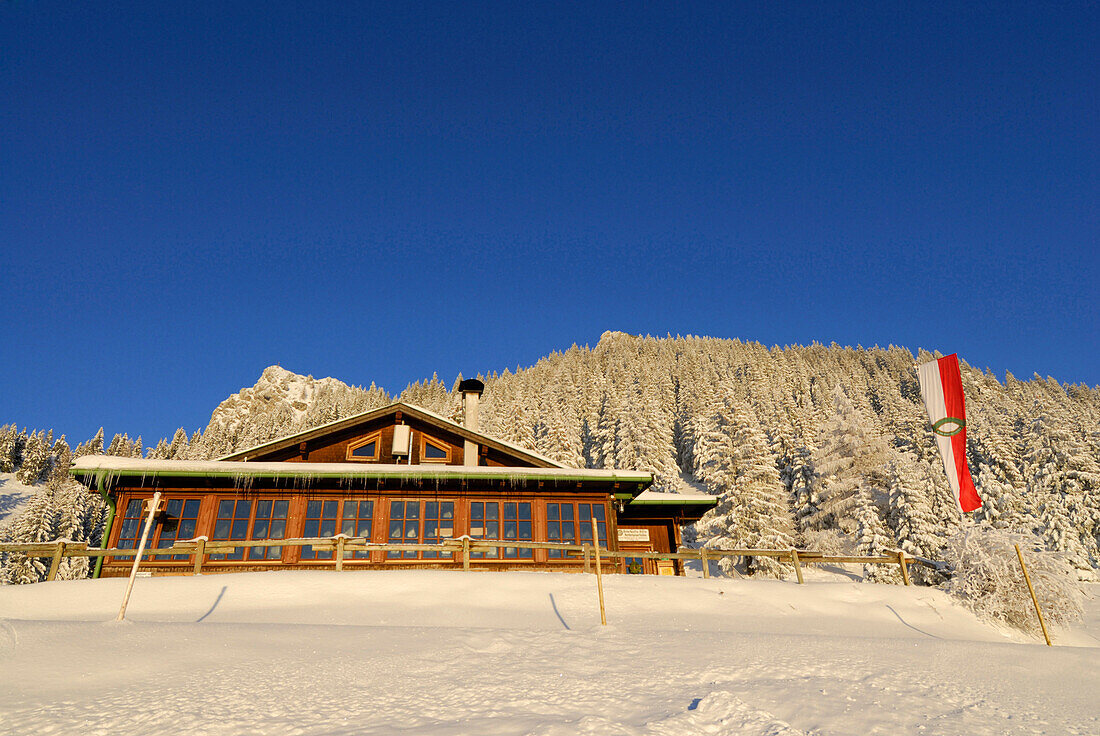 Hut Vorderkaiserfeldenhuette in winter with Tyrolean flag, Zahmer Kaiser, Kaiser range, Kufstein, Tyrol, Austria