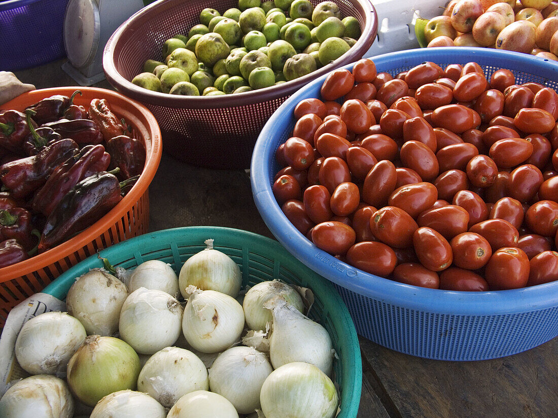 Produce market on streets of San Lucas Toliman, Guatemala, near Lake Atitlan