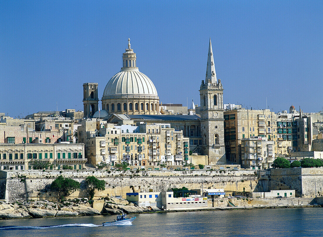 St. Paul Anglican Cathedral (Spire left) and Carmelite Church (Dome). Valletta. Malta