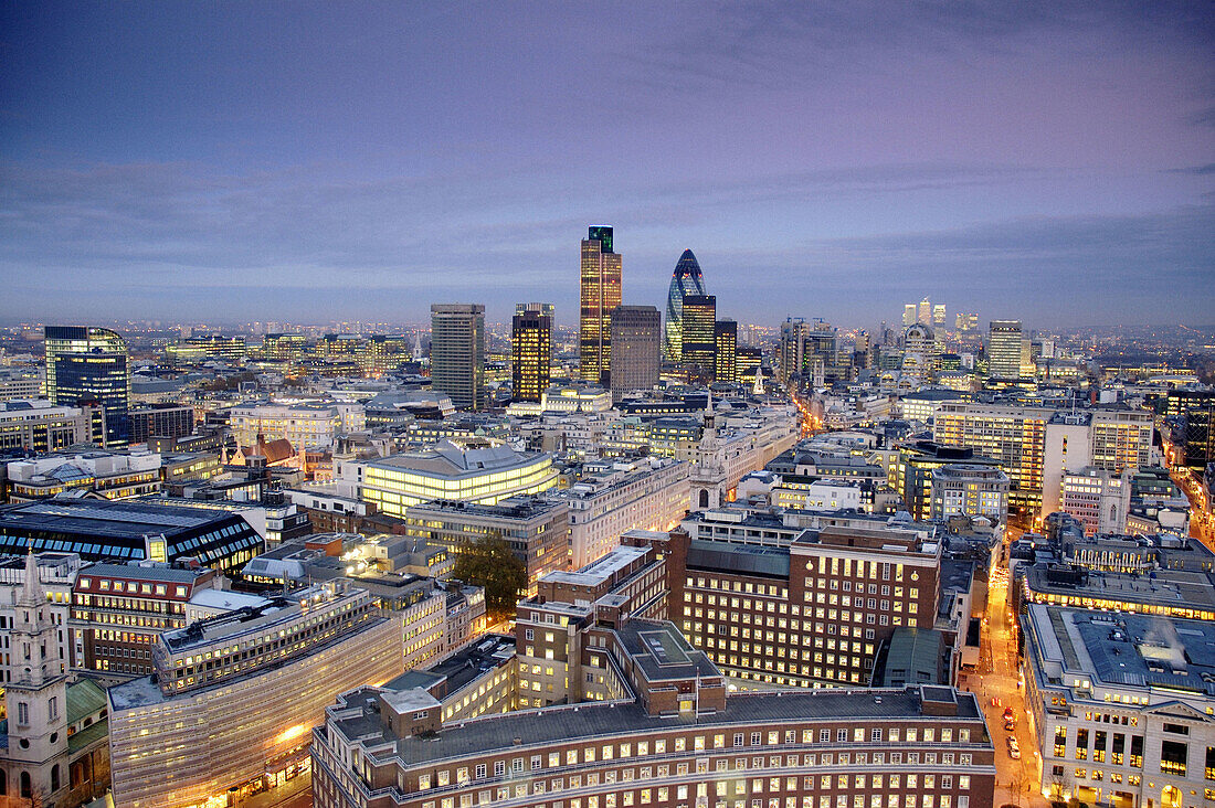 The City of London Central Business District Tower 42 and SwissRe Building (left and right). London. England. UK.