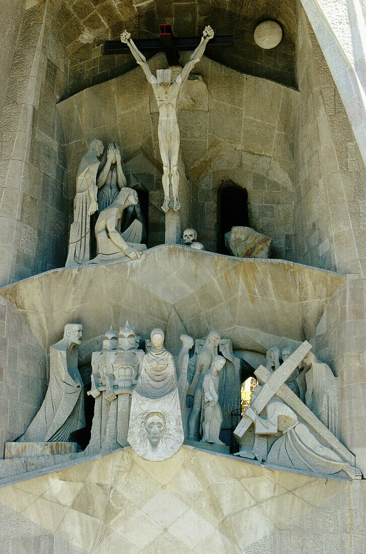 Sculptures by Josep Maria Subirachs at the Passion facade of the Sagrada Familia temple by Gaudí. Barcelona. Spain