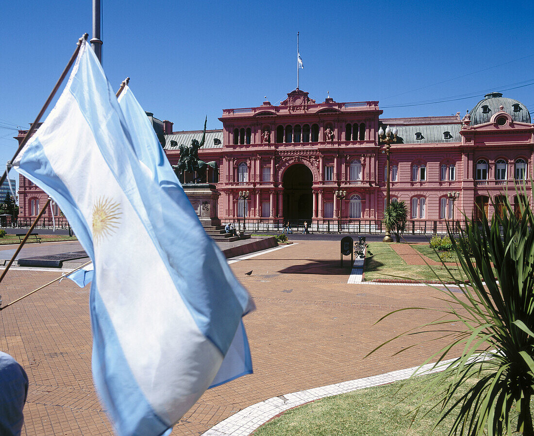 Casa Rosada, presidential palace and Argentinian flags at Plaza de Mayo. Buenos Aires. Argentina