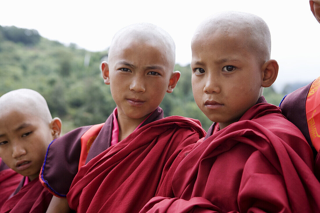 Bhutan. Buthang Valley. Karchu Dratsang Monastery, little buddhist monks.