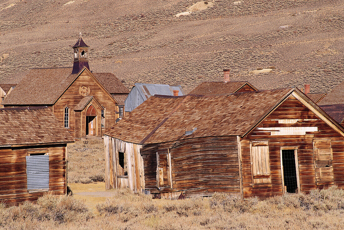 The Methodist church and wooden buildings on Green Street, Bodie State Historic Park (National Historic Landmark), California
