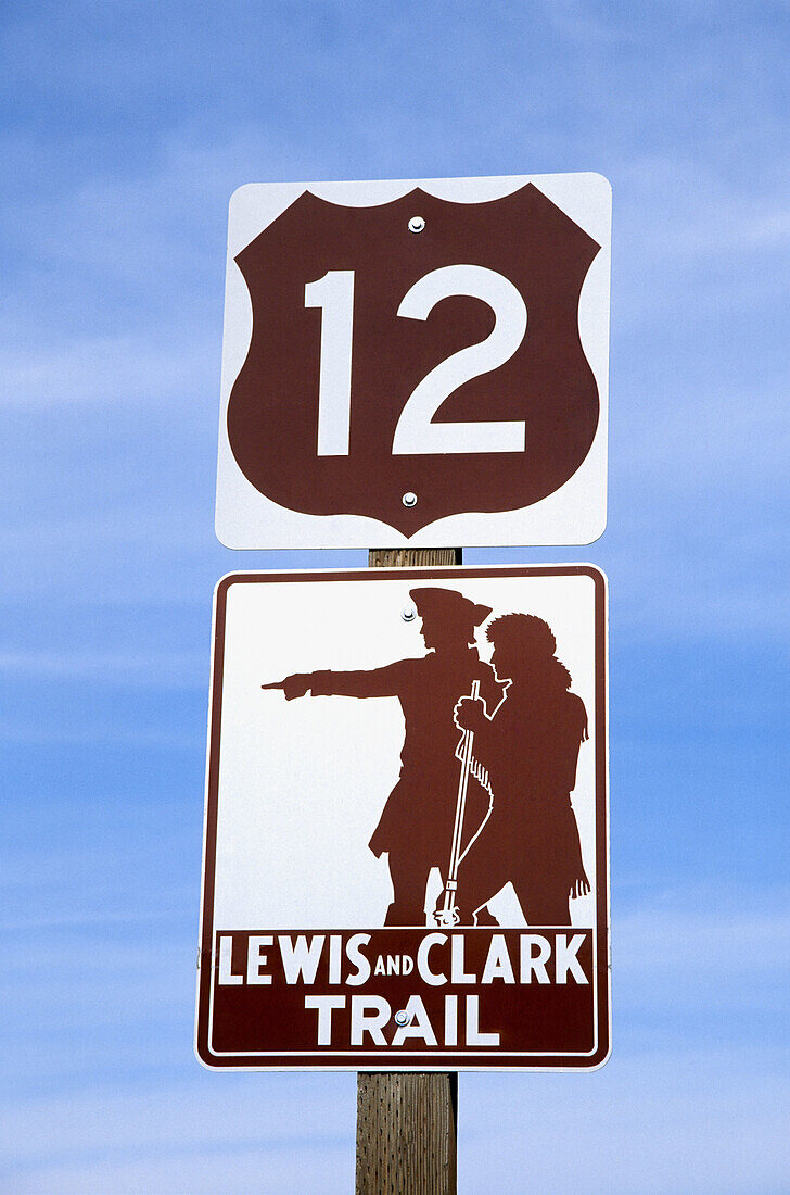 Highway 12 and Lewis and Clark Trail signs near Kamiah (Lewis and Clark National Historic Trail). Idaho. USA