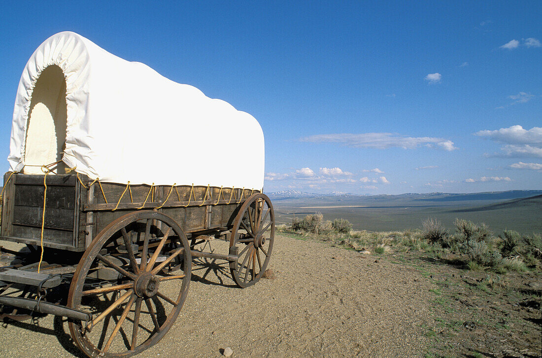 Conestoga wagon at the National Historic Oregon Trail Interpretive Center on Flagstaff Hill. Baker City. Oregon. USA