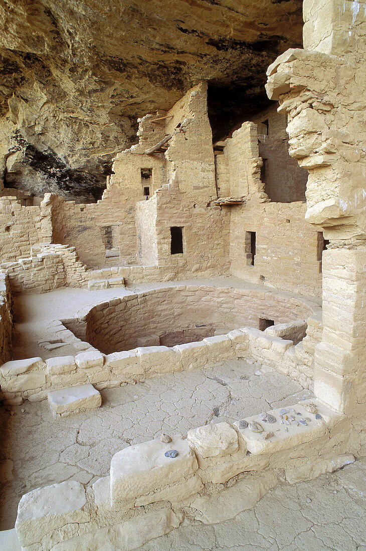 Pot sherds and kivas in Spruce Tree House Ruin, Mesa Verde National Park (World Heritage Site), Colorado