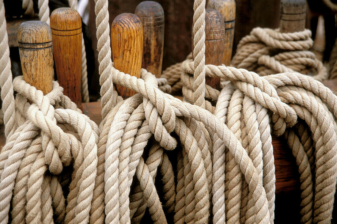 Detail of the sheets on the H.M.S. Surprise at the San Diego Maritime Museum (from the film Master and Commander ), San Diego, California