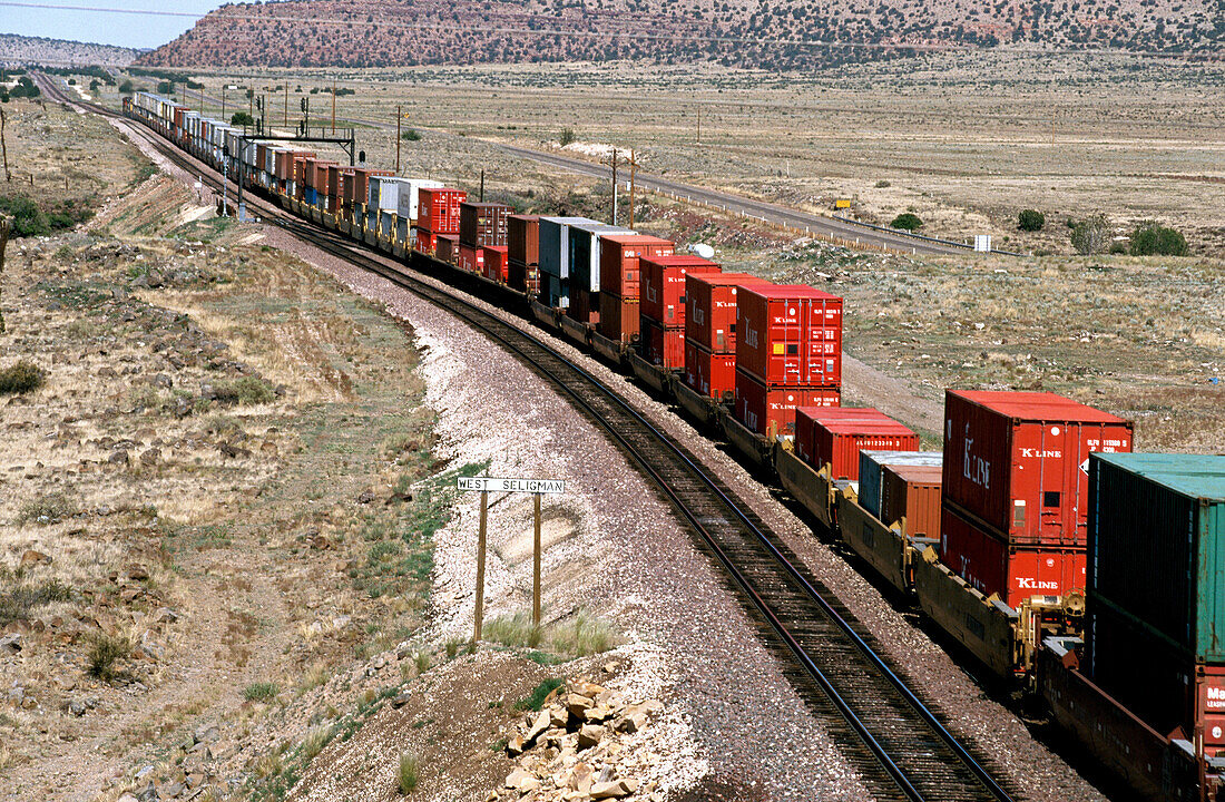 Freight stack container train. Arizona. USA