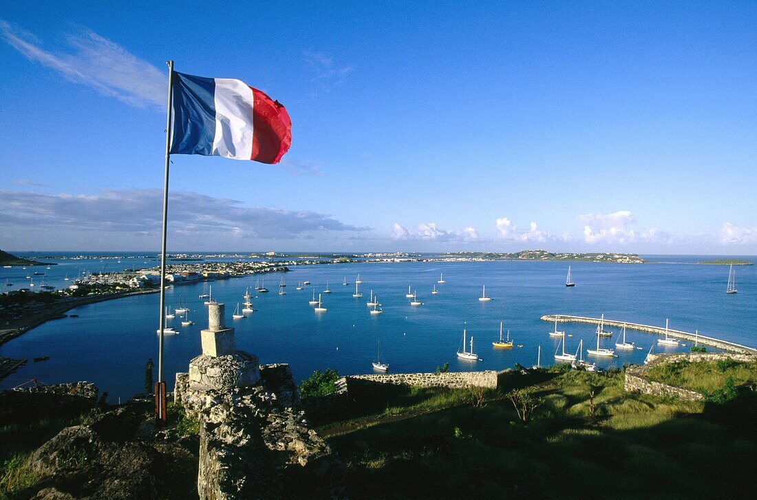 Flag at Fort Marigot. Saint-Martin. Department of Guadeloupe (France)