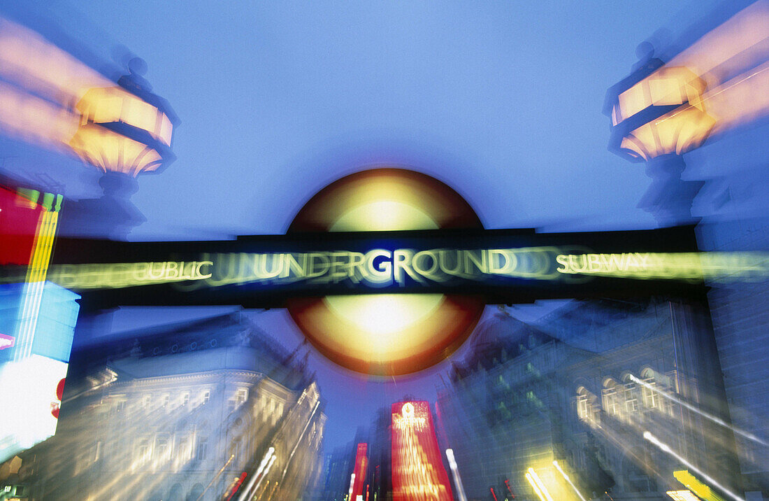 Underground sign at Piccadilly Circus. London. England