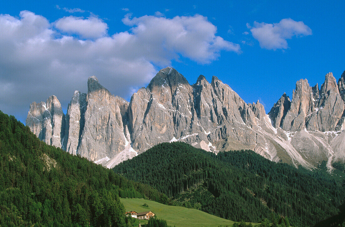 View of Dolomites from the Odles Mountains in the Val di Funes. The Alps. Italy