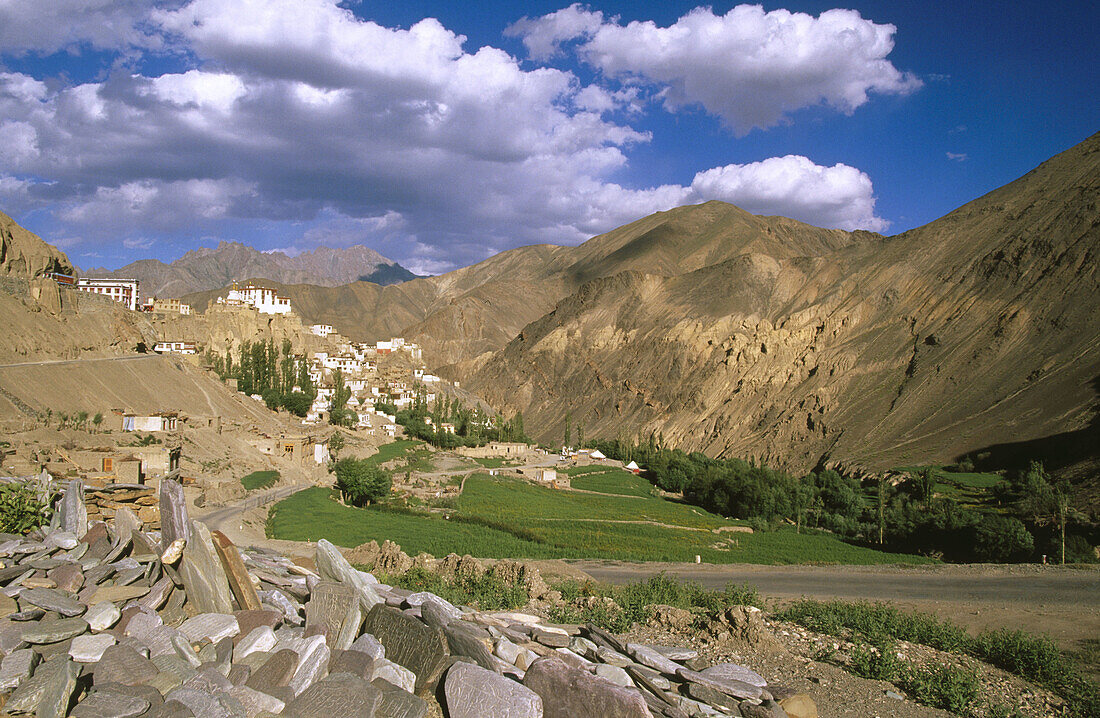 Carverd prayers stones and Lamayuru Monastery. Ladakh. Jammu and Kashmir, India