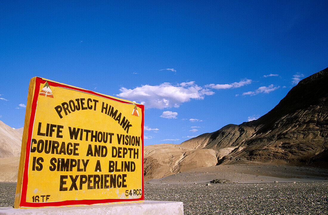 Road sign in Nubra Valley. Ladakh. Jammu and Kashmir, India