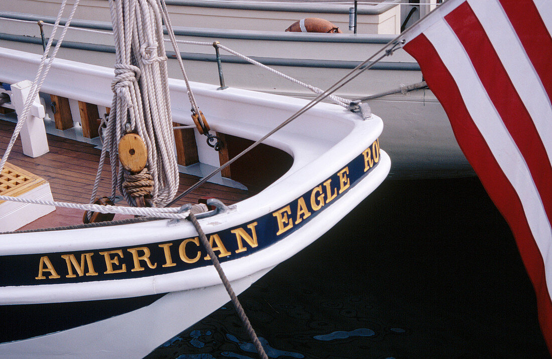 Stern of schooner American Eagle , national historic landmark. Rockland. Maine. USA