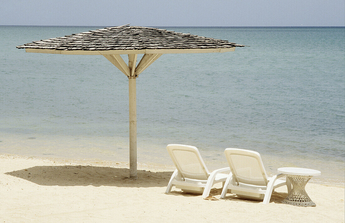 deckchairs on the beach, Montego Bay, Jamaica,Caribbean