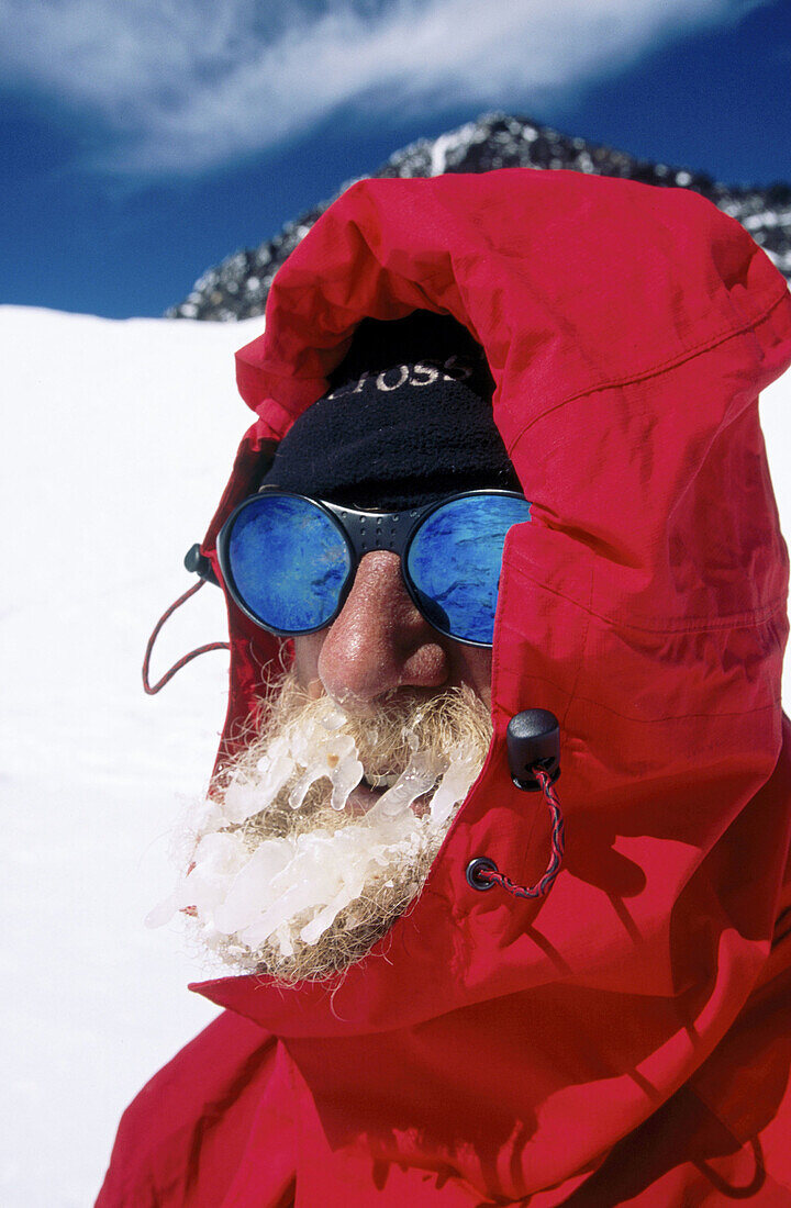 Climber with iced-up beard. Denali National Park. Alaska. USA