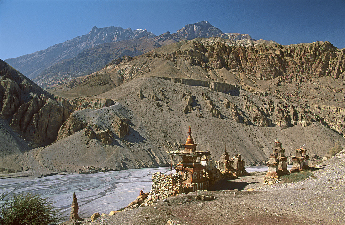 Buddhist chortens. Tangbe, entrance to village above Kali Gandaki gorge. Kingdom of Mustang. Nepal