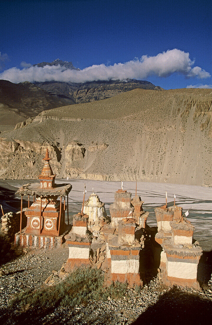 Buddhist chortens. Tangbe, entrance to village above Kali Gandaki gorge. Kingdom of Mustang. Nepal