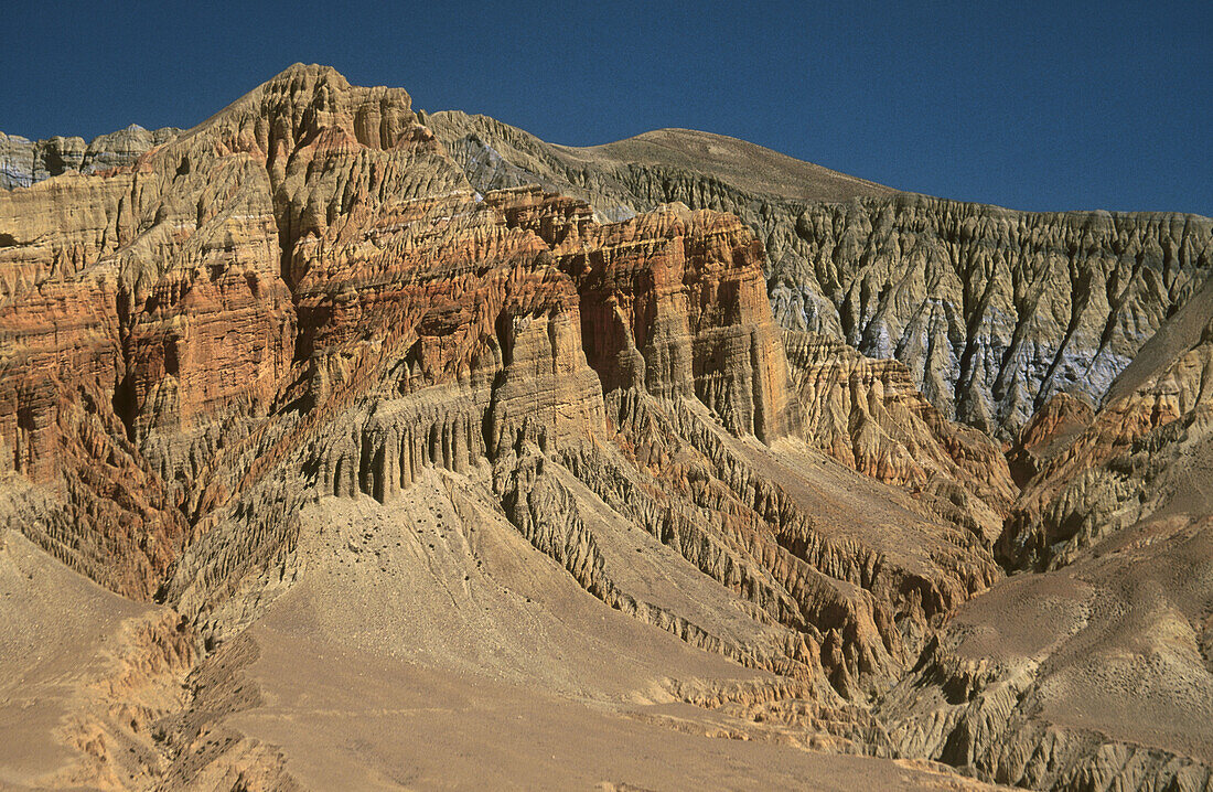 Highly eroded landscape near Dhakmar. Kingdom of Mustang. Nepal