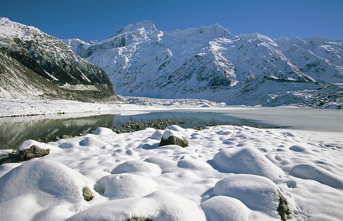 Mount Sefton. Ice on river. Winter. Hooker Valley. Southern Alps. South Island. New Zealand