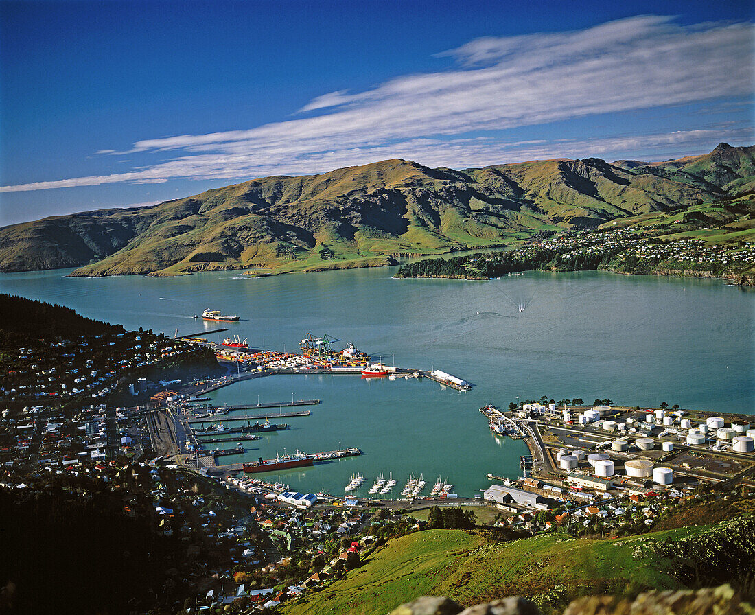 Lyttelton Harbour from Port Hills above Christchurch. South Island. New Zealand
