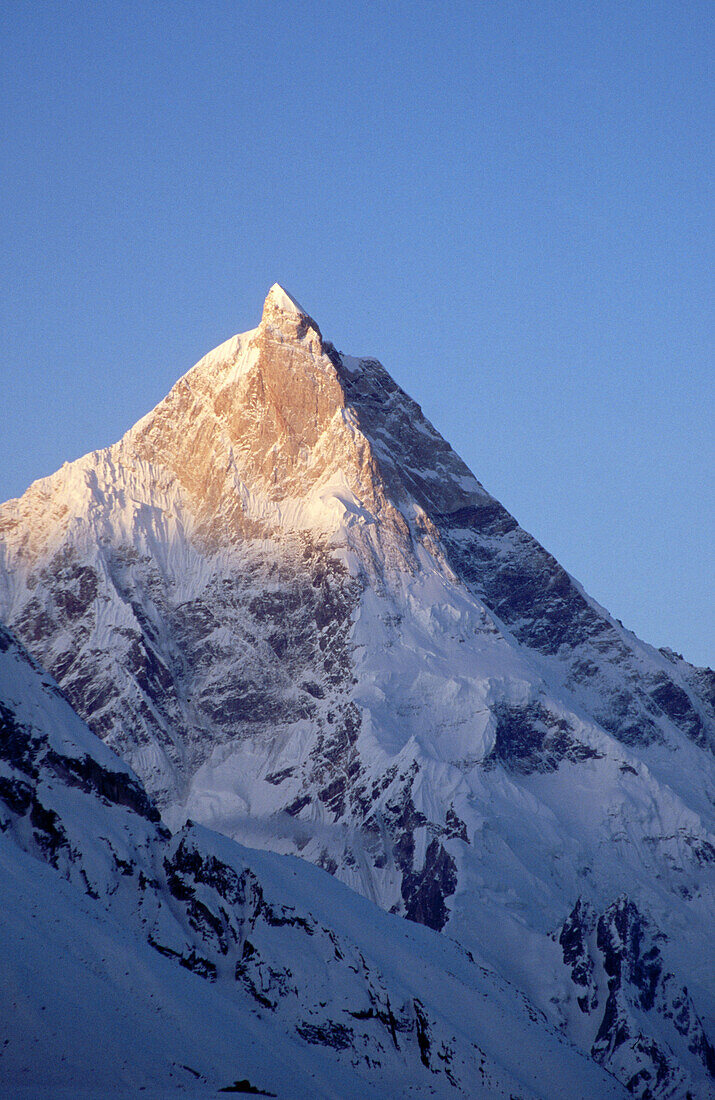 Masherbrum peak 7821 m. at dawn above Baltoro glacier. Karakoram mountains, Pakistan