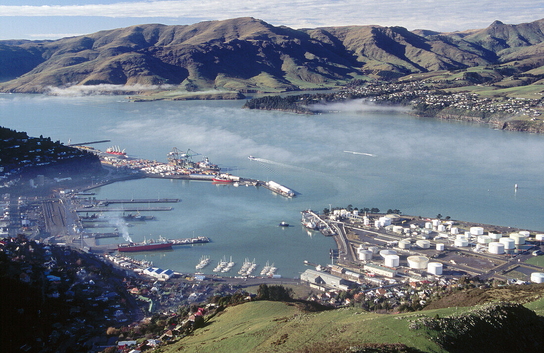 Lyttelton harbour. From Port Hills above Christchurch. South Island. New Zealand.